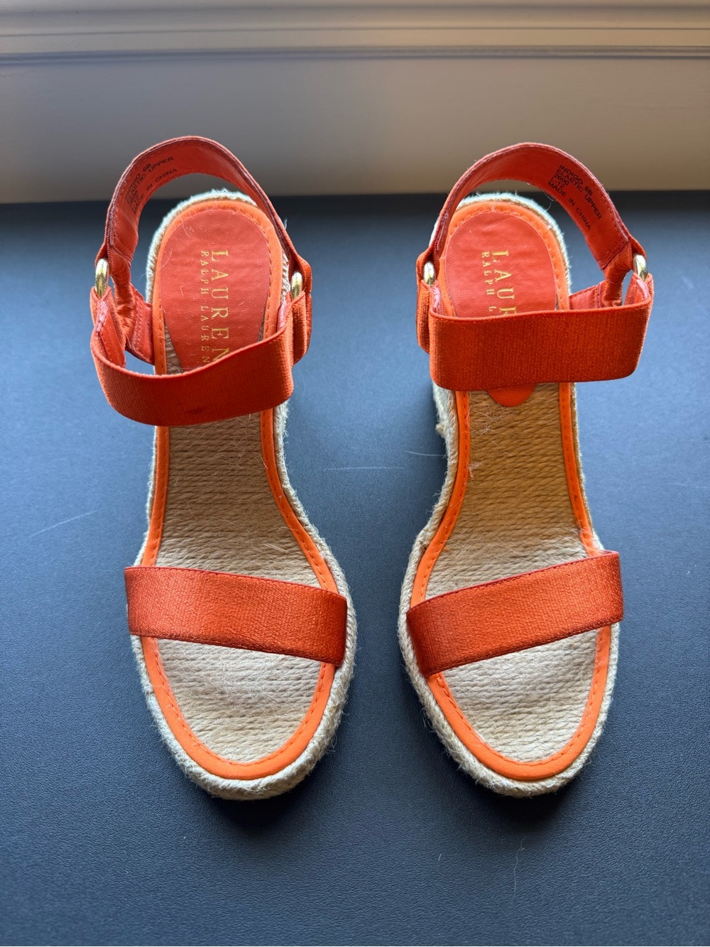 Ralph Lauren Orange Espadrille Wedge Sandals with Ankle Strap